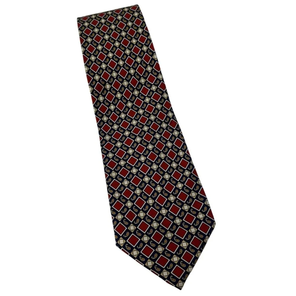 FENDI FF Silk Tie Red Navy Gold Paisley Baroque Geometric 56 x4  Italy 80's